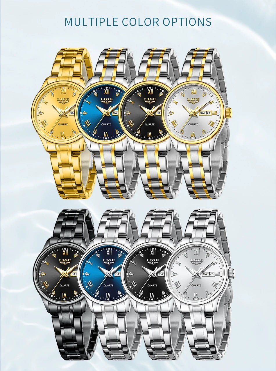 LIGE Women Wrist Watch Original Watches for Ladies Waterproof Stainless Steel Luxury Quartz Woman Wristwatch Diamond Dial Clock