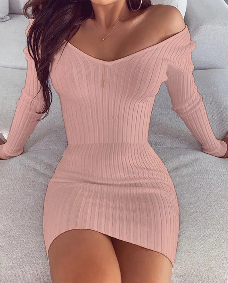 Sexy V-Neck Bodycon Dress - Long Sleeve Off Shoulder Mini Dress