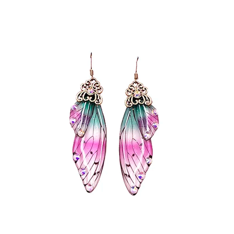 Handmade Fairy Simulation Wing Earrings Insect Butterfly Wing Drop Earrings Foil Rhinestone Earrings Romantic Bridal Jewelry