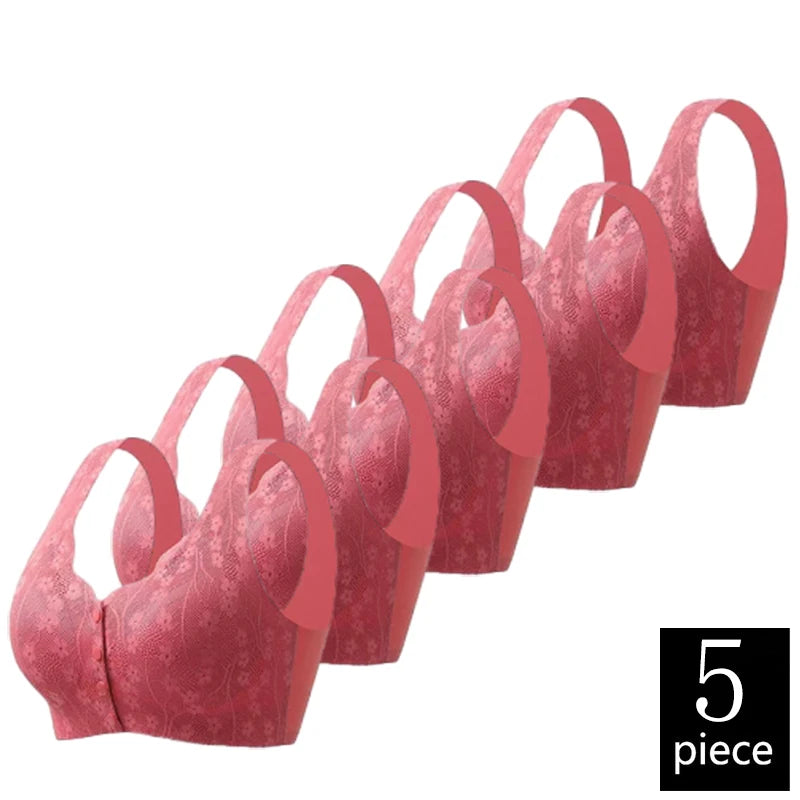 FallSweet 5PCS Front Closure Bra for Moms Lace  Seamless Push Up Brassiere Plus Size Wireless Brassiere for Middle-aged Women