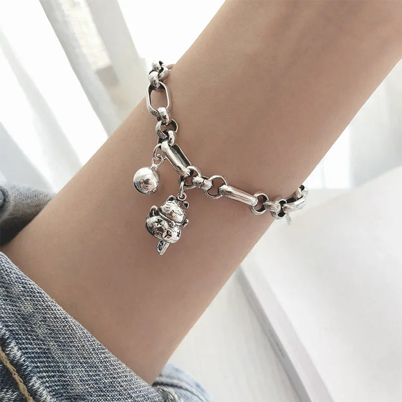 New 925 Silver Geometric Bead Punk Peace of Mind Words Irregular String Bracelet For Woman Girl Fashion Jewelry Gift Dropship