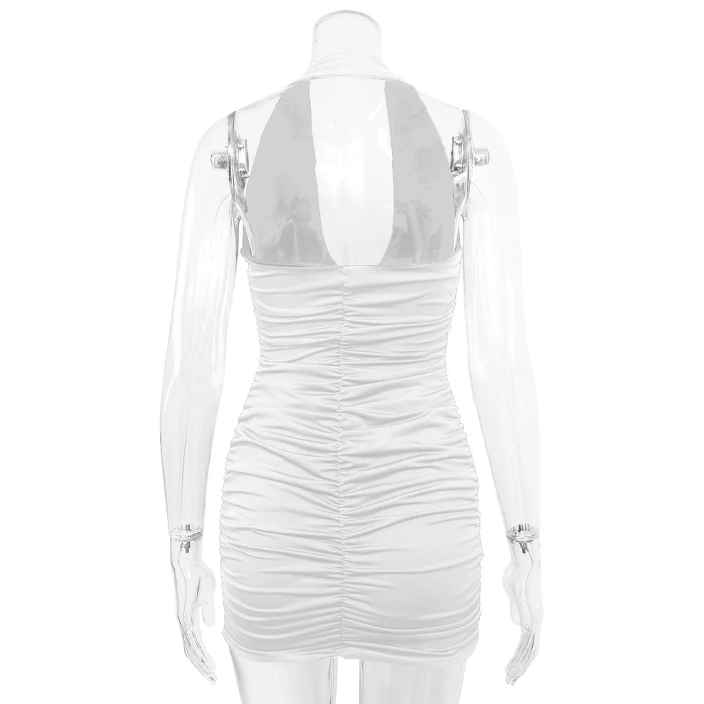 Sexy Deep V Evening Party Sleeveless Backlss Dress 2024 Summer Short White Halter  Dresses Women Tight Club Mini Dress Clubwear