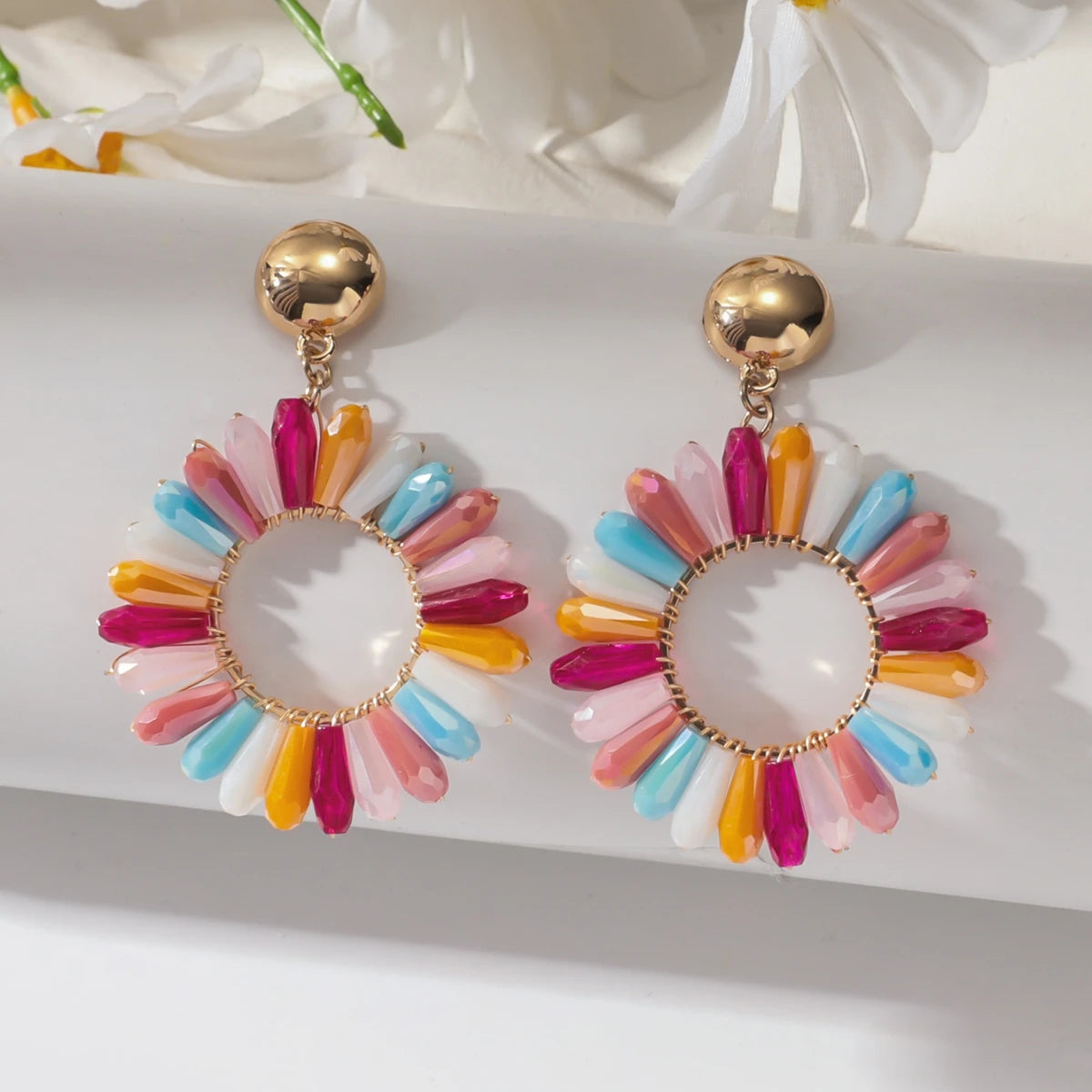 1 Pair of Bohemian Dangle Earrings Hollow Flower Design Set with Rhinestones Multicolor, with Everyday Outfit Party Accessories