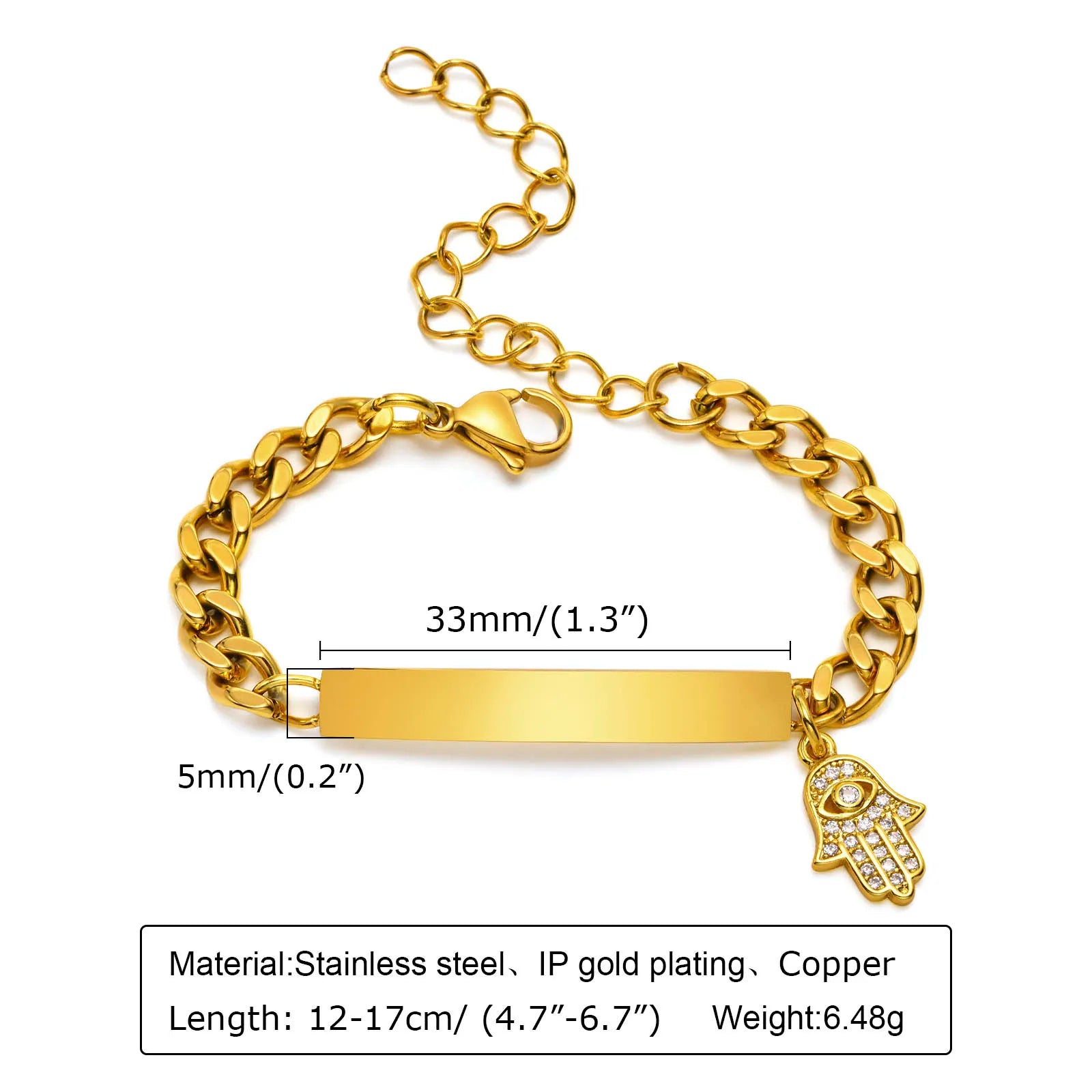 Hamsa Evil Eye Chain Bracelet  for Little Boy Girl, Engrave Customized Name Bracelet, Hand of Fatima Lucky Jewelery