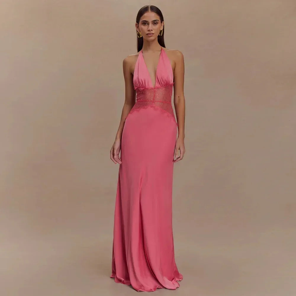Deep V-Neck Backless Dress - Lace Satin Halter Maxi Evening Gown