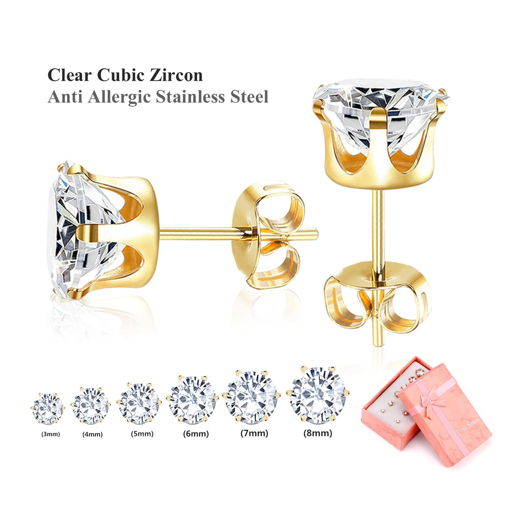 LUXUSTEEL 6Pairs/Set CZ Stud Earrings Stainless Steel Round White Cubic Zirconia Hypoallergenic 6 Claws Earring Trendy Jewelry