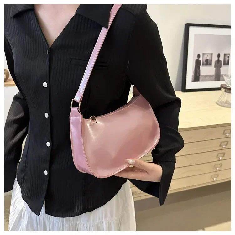 Vintage Wine Red Patent Leather Glossy Underarm Bag 2024 New Minimalist Lady Zipper Shoulder Bag Elegant Versatile Handbag Trend