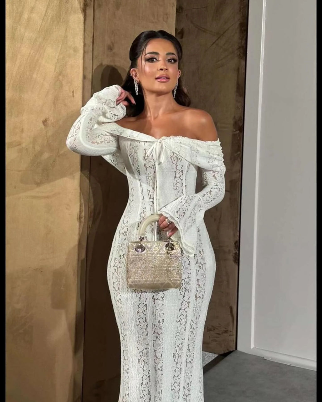 Suninheart Wedding Guest Dress - Off Shoulder Lace Flare Sleeve Maxi