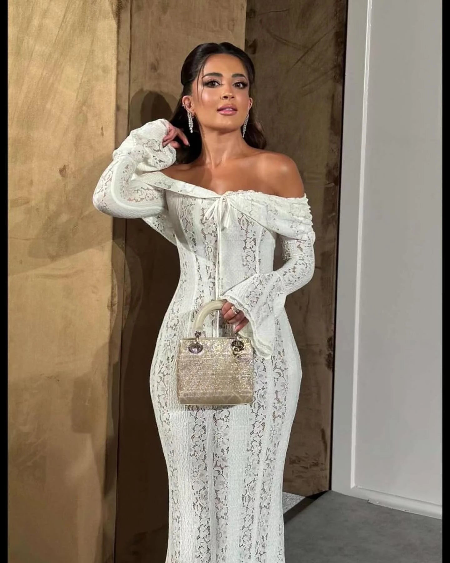 Suninheart Wedding Guest Dress - Off Shoulder Lace Flare Sleeve Maxi