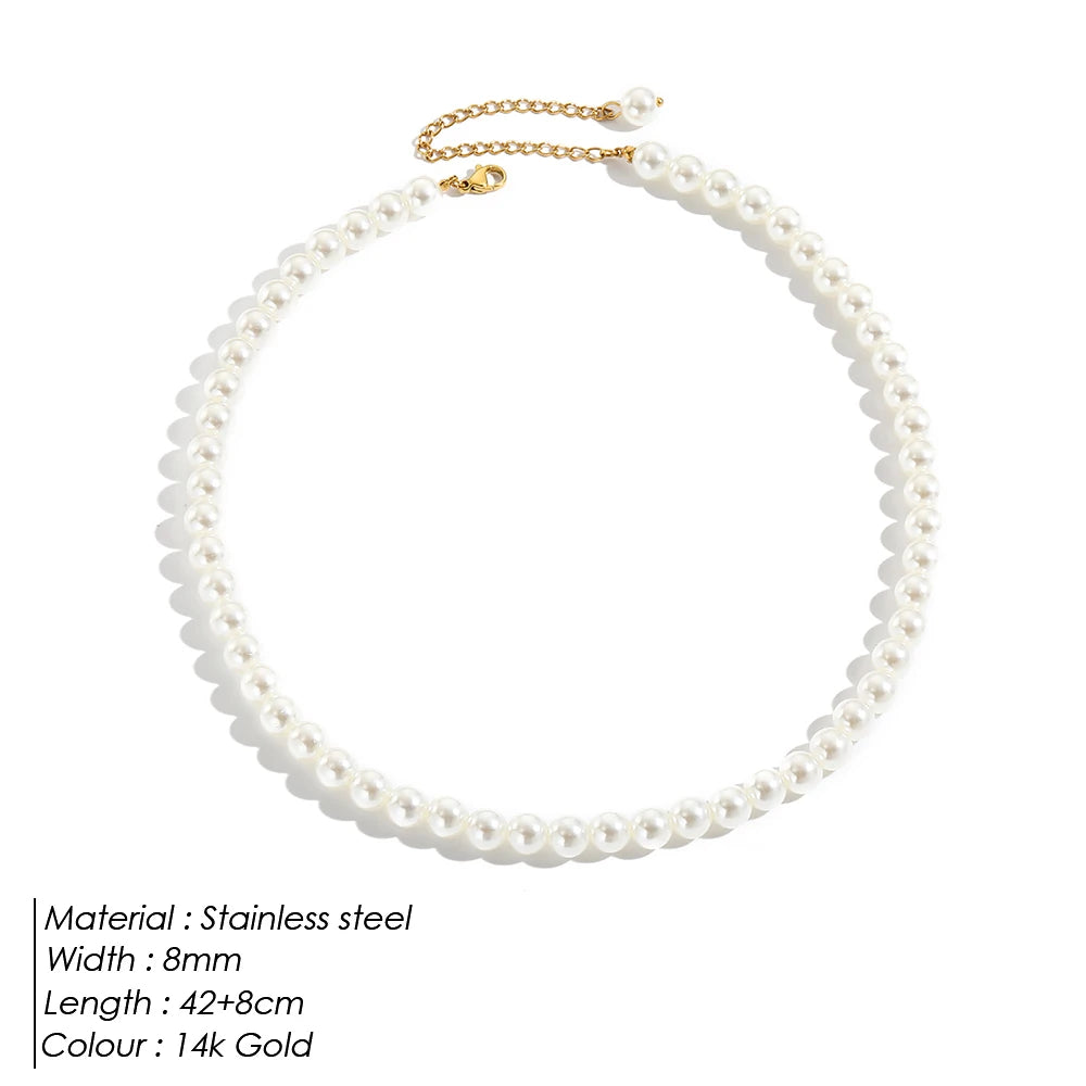 eManco New Imitation Pearl Necklaces Round Multi Size White Pearl Stainless Steel Necklace Women's Collarbone Chain
