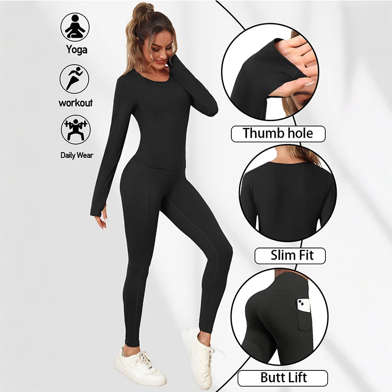 Women's Yoga Set Solid Color Round Neck Long Sleeve Sports Top Butt-Lifting Tummy-Control Pocket Leggings Outdoor Workout Set