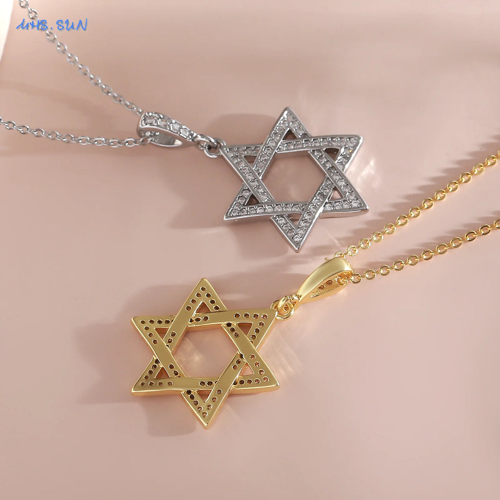 MHS.SUN Luxury Star of David Necklaces for Women Men Fashion Hollow Hexagonal Star Pendant Chain Necklace Judaica Jewish Jewelry