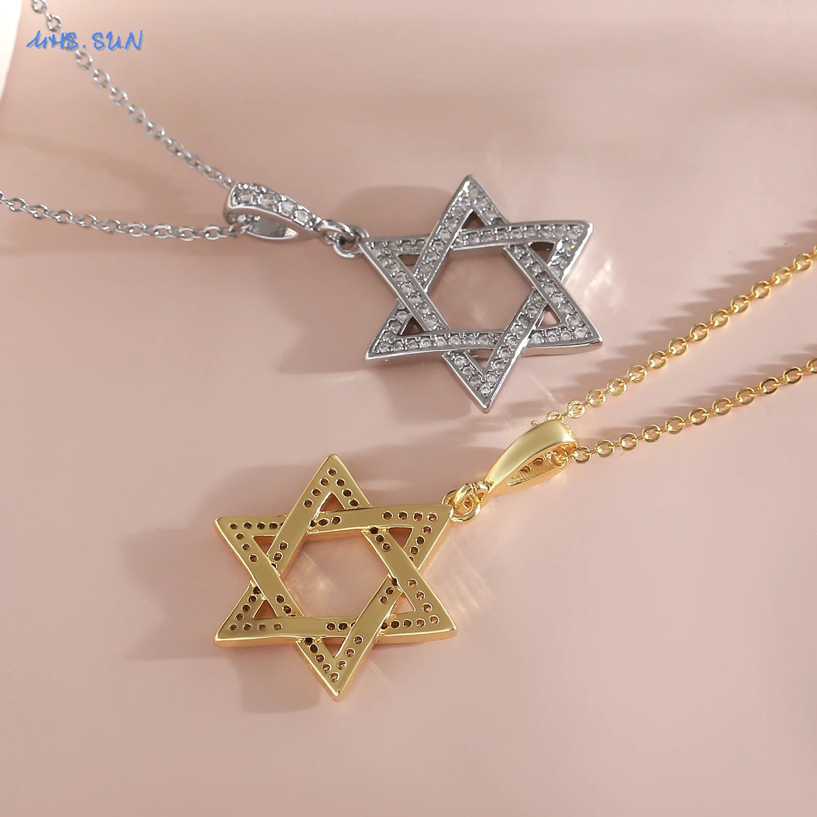 MHS.SUN Luxury Star of David Necklaces for Women Men Fashion Hollow Hexagonal Star Pendant Chain Necklace Judaica Jewish Jewelry