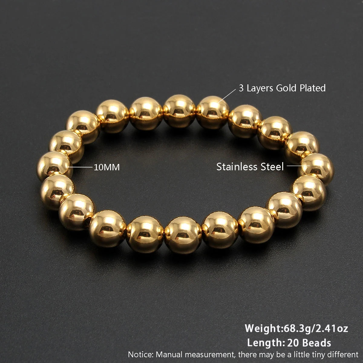 MHS.SUN Fashion Waterproof Smooth Stainless Steel Bracelets 2-10mm Elastic Beaded Gold Plated Stackable Bracelet Women Jewelry