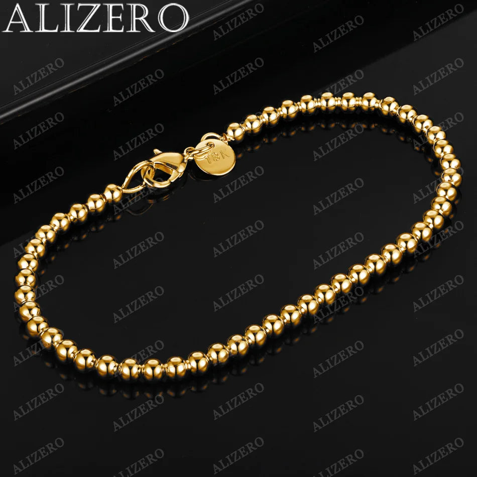 ALIZERO 18K Gold Bracelet 4/6/8/10/14MM Smooth Beads Ball Chain Bracelets For Woman Men Fashion Wedding Party Gift Fine Jewelry