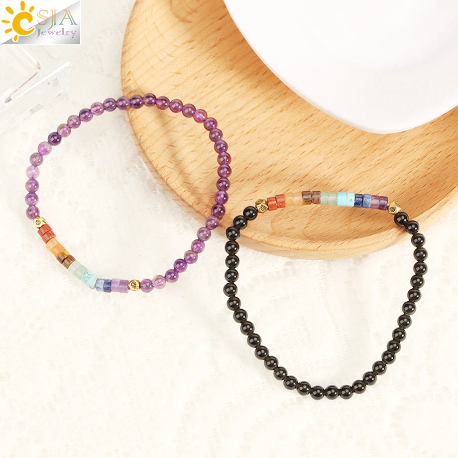 CSJA Natural Stone Bracelet Healing 7 Chakra Crystal Bracelet  Black Obsidian Tiger Eye 4mm Mini Beaded Bangle Luck Jewelry H393