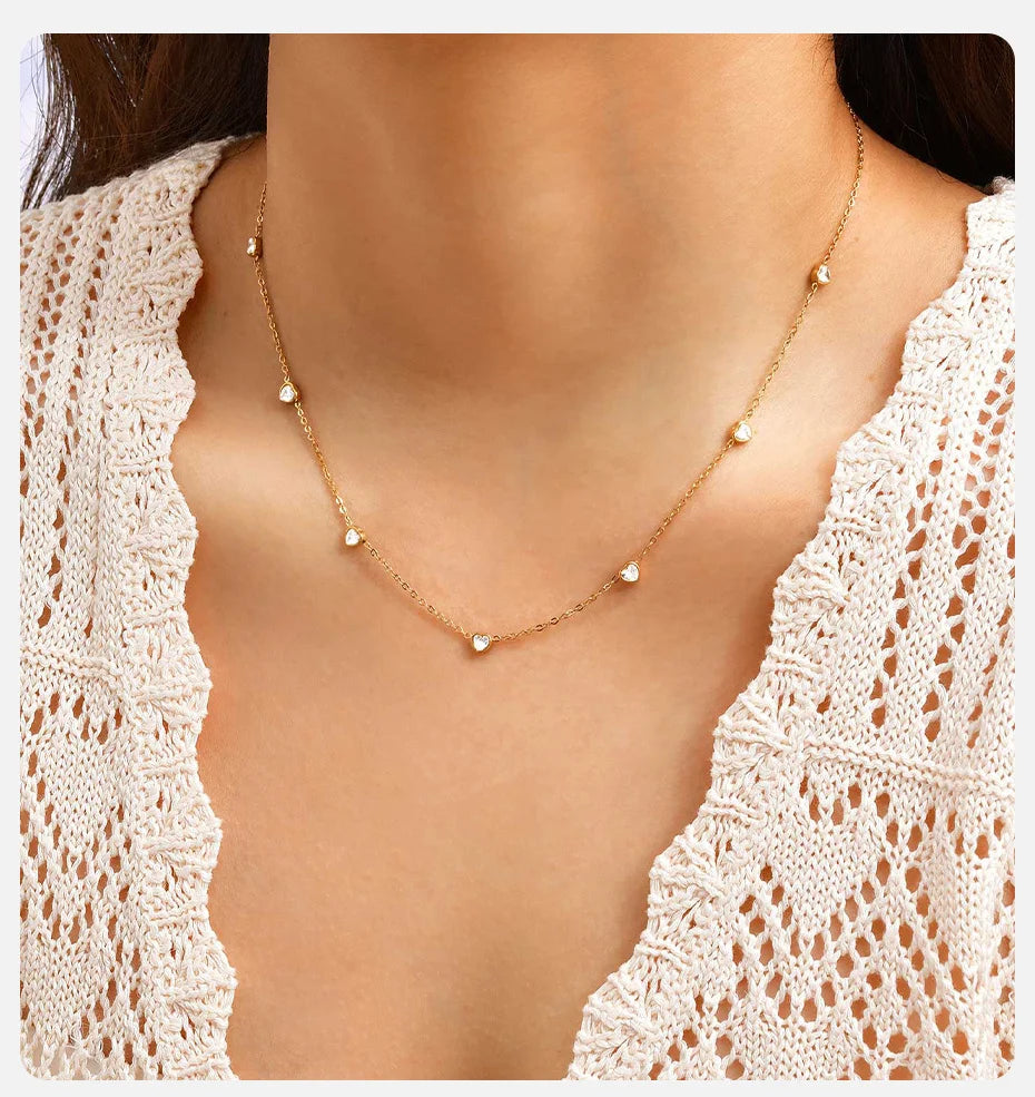 Vnox Shiny CZ Stones Heart Chain Necklace For Women,18k Gold Plated Simple 45cm Length Collar, Love Statement Jewelry Gift