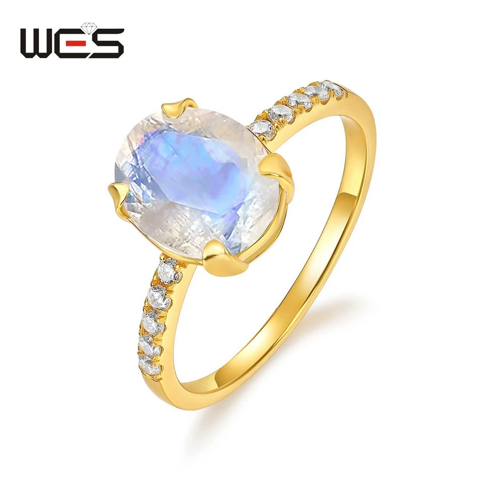WES Oval Natural Birthstone Moonstone Promise Ring for Woman Aquamarine Moss Agate 925 Silver Jewelry Birthday Gift With Box