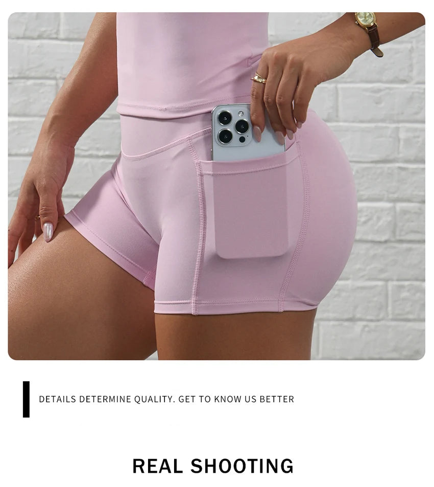 Seamless Yoga Set Women Workout Clothes Short Sleeve Crop Top Pocket Slim Gym Shorts 2 Piece Sports Suit Active Wear