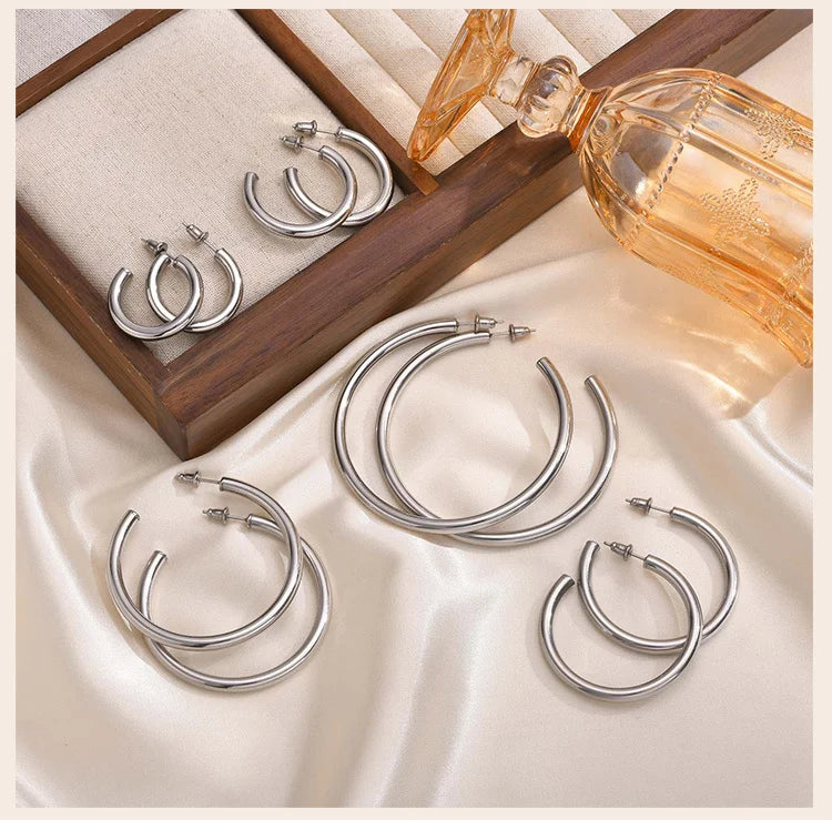 Waterproof Chunky Circle Hoop Earrings For Women, Gold Plated Stainless Steel Loop Earring 25/42/50/63mm