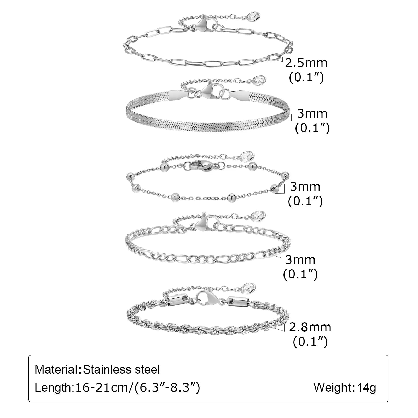 5PCS/Set Women Gold/Silver Color Bracelets,Stainless Steel Lady Geometric Fashion Charm Chain,Multi Layers Dainty Girl Jewelry