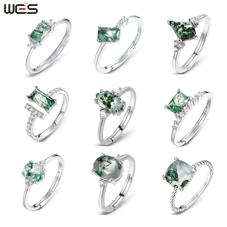 WES 925 Sterling Silver Open Ring for Woman Classic Unique Green Moss Agate Crystal Ring Engagement Gift Wholesale Oval Cut