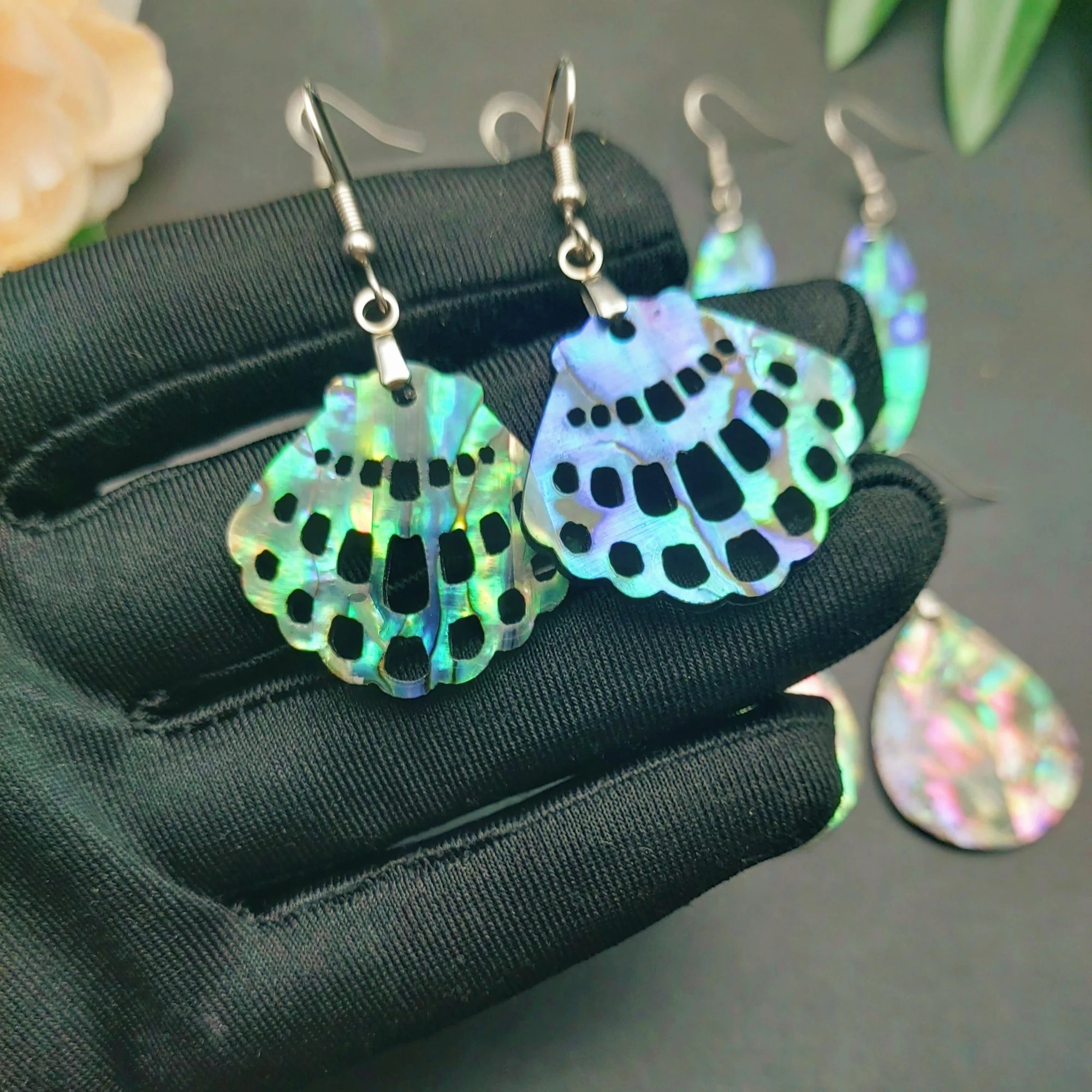 Natural Paua Shell Hand Carving Double Side Dangle Earrings Hawaiian Design Abalone Jewelry