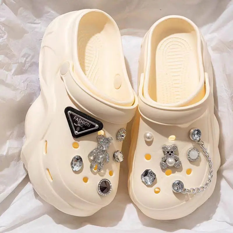 Women DIY Silver Chains Fashion Bear Decor Clogs Summer Sping Autumn Beach Sandals Cave Hole Garden Shoes For Students Girls New