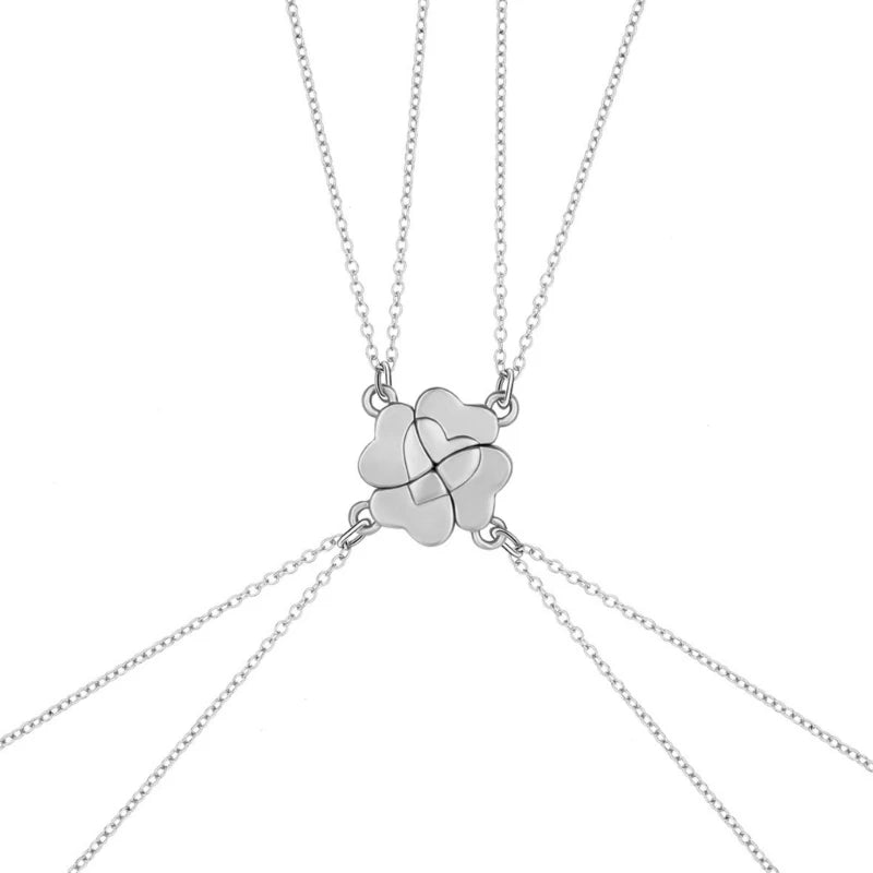 4 Piece Four Leaf Clover Stitching Necklace Magnet Stone BFF Friendship Heart Pendant Chain Choker Necklace Jewelry Dropship