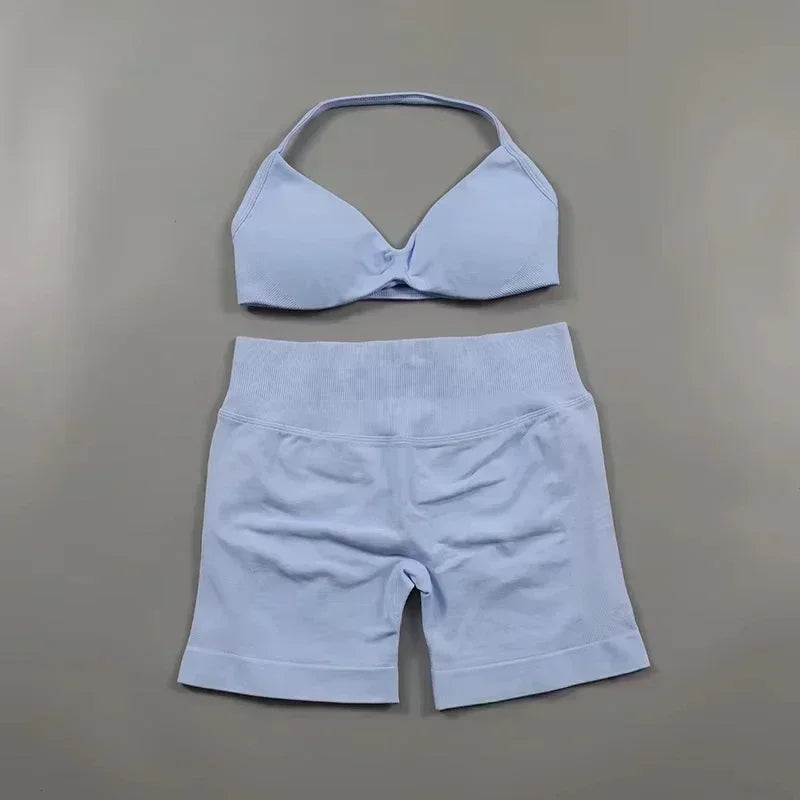 Seamless Sportswear Workout Set Women Two Piece Strappy Yoga Bra Top Scrunch Shorts Gym Clothes