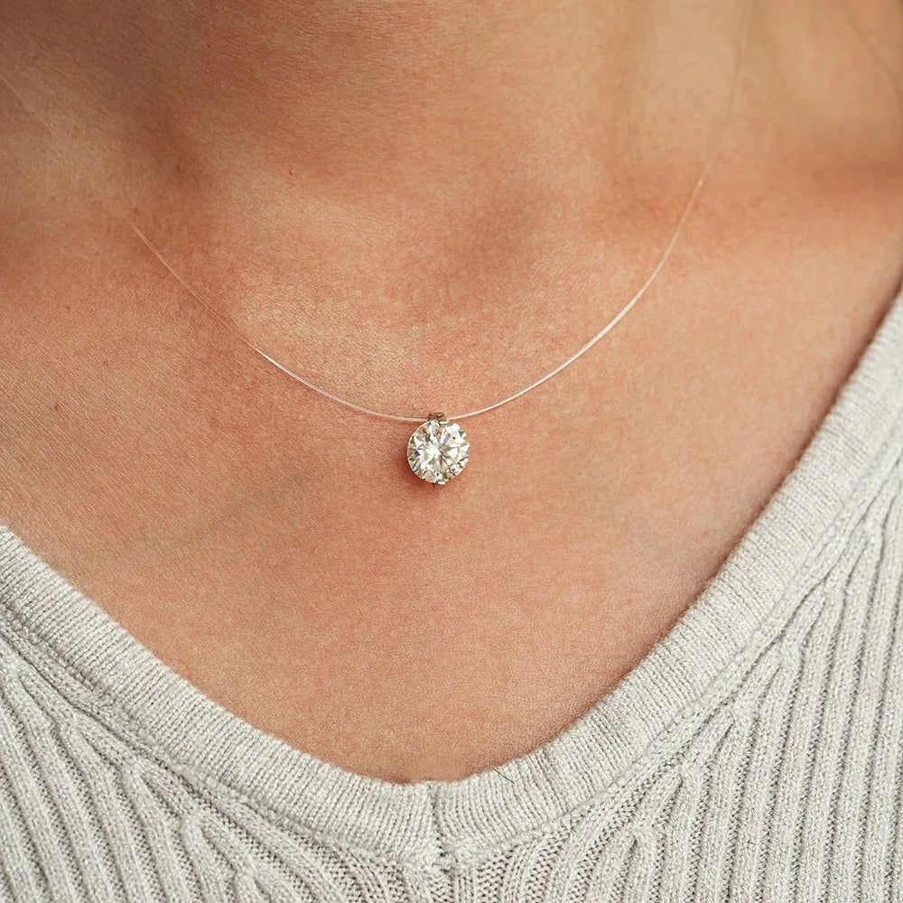 IGOTOS 0.5-5CT Moissanite Pendant Necklace Women GRA Certified 925 Sterling Silver Transparent Fishing Line Choker Chain Jewelry