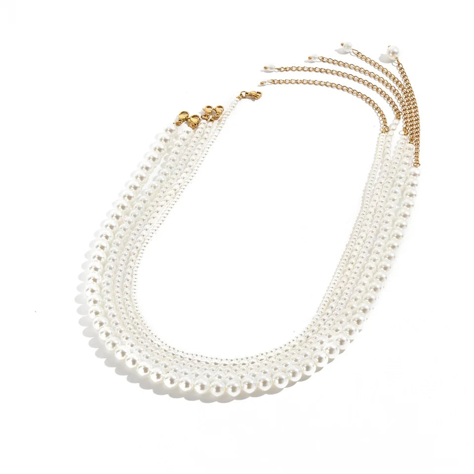 eManco New Imitation Pearl Necklaces Round Multi Size White Pearl Stainless Steel Necklace Women's Collarbone Chain