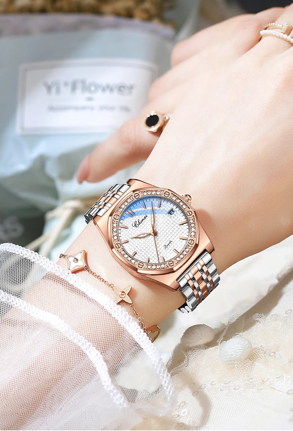 CHENXI Quartz Movement Woman Watch Simple Elegant Luxury Rose Gold Steel and Leather Strap Waterproof Ladies Dress Wristwatch