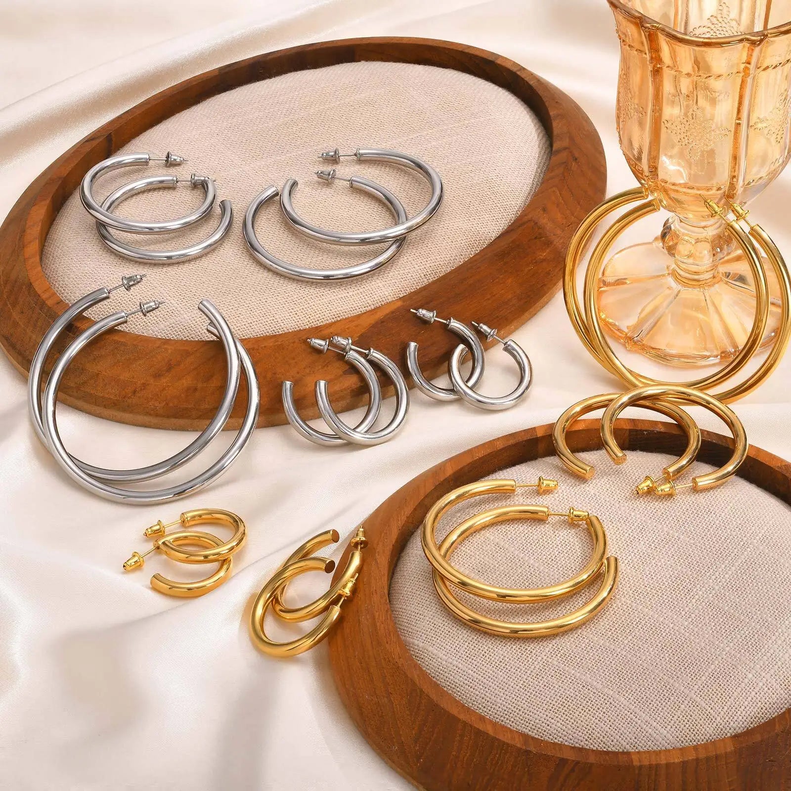 Waterproof Chunky Circle Hoop Earrings For Women, Gold Plated Stainless Steel Loop Earring 25/42/50/63mm