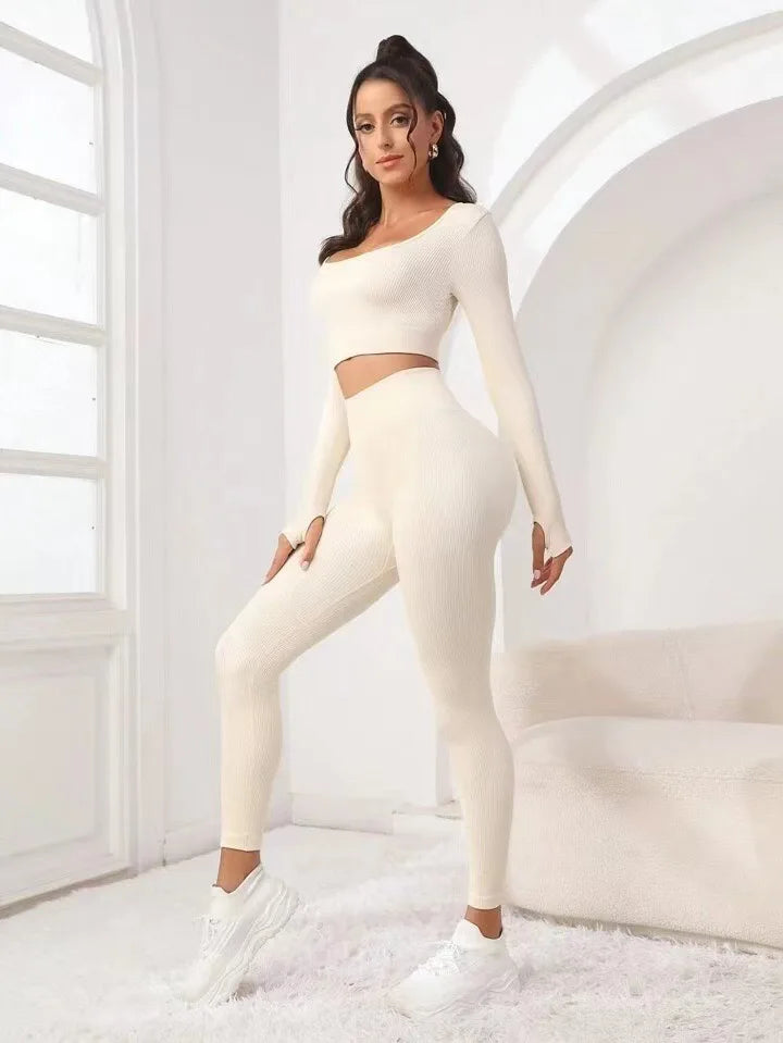 New autumn style threaded long sleeve trousers set, breathable and elastic, a good choice for sports yoga,