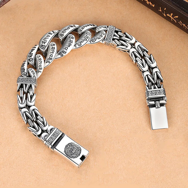 S925 Sterling Silver Personalized Men and Women Bracelets Six-Character Peace Pattern Cuban Chain Jewelry Exquisite Gift