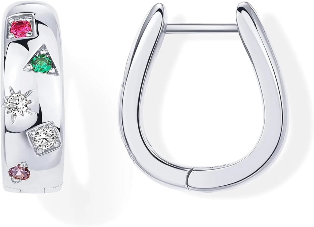 14K Gold Plated 925 Sterling Silver Posts Chunky Huggie Earrings for Women Multi-Colored Cubic Zirconia Statement Hoop Earrings