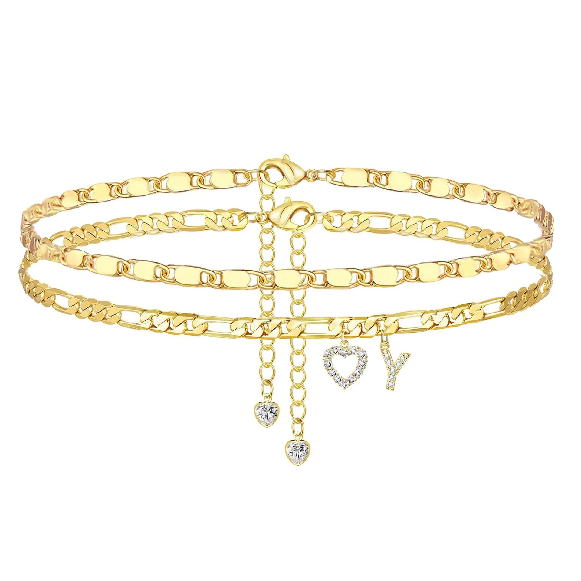 Gold Anklet Bracelet for Women Waterproof 18K Gold Plated Stainless Steel Figaro Hammer Chain Ankle Chain Bracelets Foot Jewelry