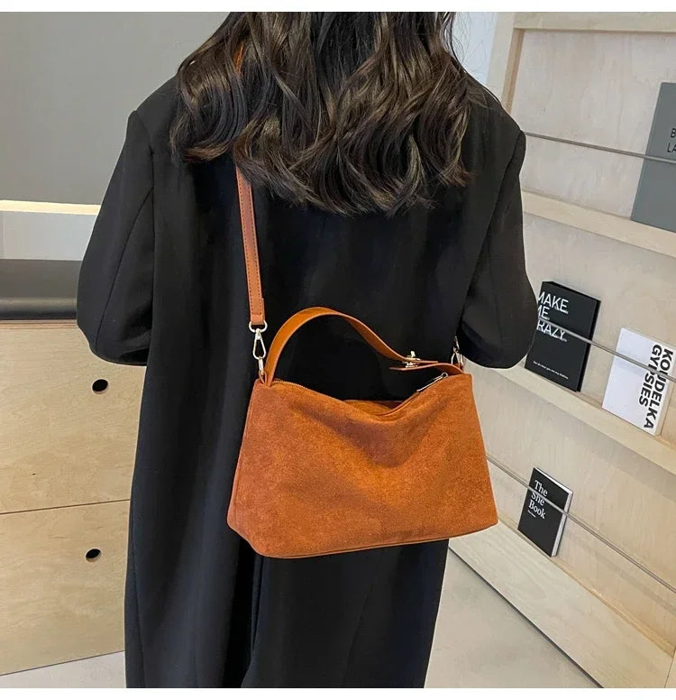 New Solid Color PU Zipper Women's Bag Suede Large Capacity Women's Shoulder Bag Fashion Versatile Casual Dual Purpose Handbag