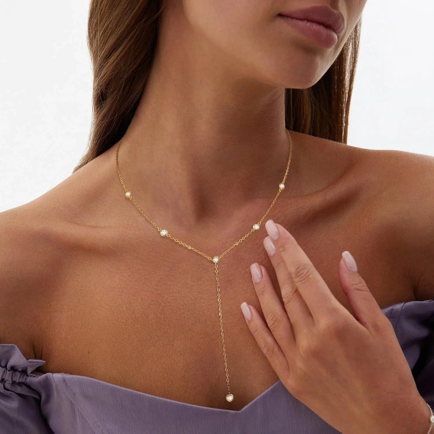 Silver Plated Necklace for Women, Dainty Gold Necklaces Gold Plated CZ Lariat Necklace for Women Boho Fashion Jewelry Womens